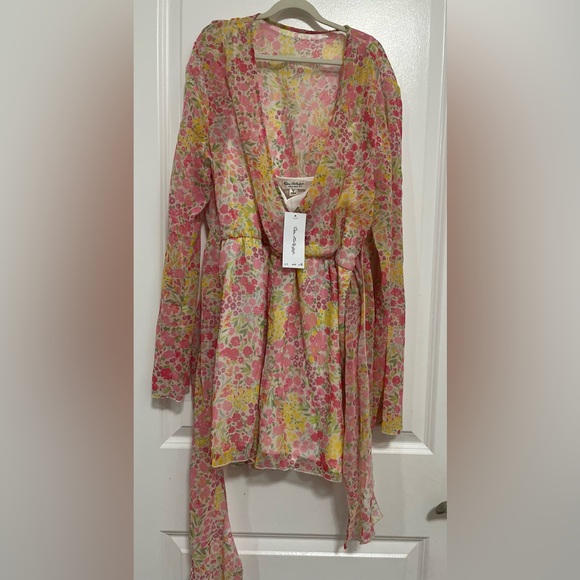 Miss Selfridge Floral Chiffon Romper Pink Yellow Long Sleeve V-Neck US 12 NWT - Picture 4 of 11